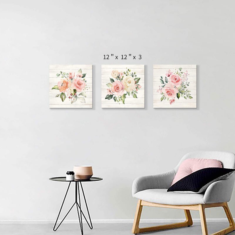 Hardy Gallery Pink Floral Canvas Wall Art: Roses Flowers Bouquet Pictures Artwork for Kitchen Bathrooms (12"x12"x3pcs) - Image 2