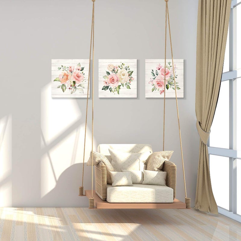 Hardy Gallery Pink Floral Canvas Wall Art: Roses Flowers Bouquet Pictures Artwork for Kitchen Bathrooms (12"x12"x3pcs) - Image 5