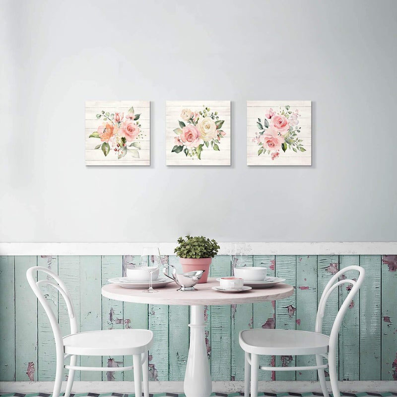 Hardy Gallery Pink Floral Canvas Wall Art: Roses Flowers Bouquet Pictures Artwork for Kitchen Bathrooms (12"x12"x3pcs) - Image 4