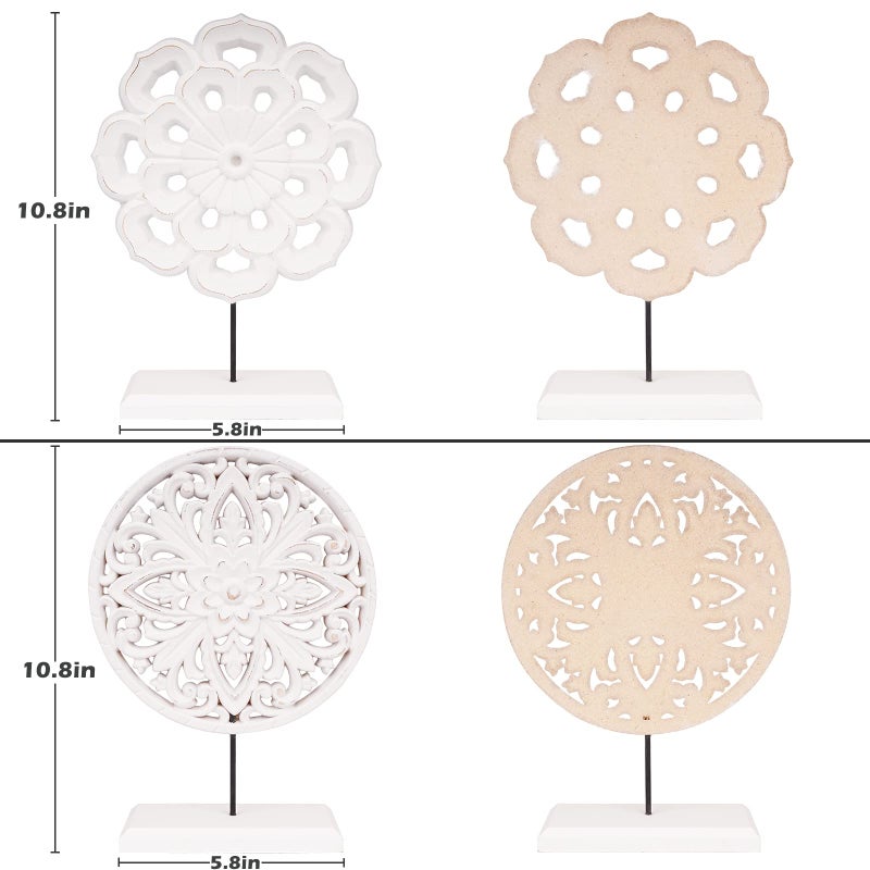 AXEARTE 2 Pack Wooden Carved Cutout Flower Medallion Sculpture  Rustic Distressed White MDF Statues Home Tabletop Decor  Decorative Ornaments for Living Room  Bedroom  Office Desktop  Cabinets - Image 2