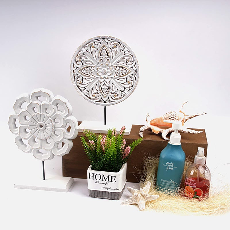 AXEARTE 2 Pack Wooden Carved Cutout Flower Medallion Sculpture  Rustic Distressed White MDF Statues Home Tabletop Decor  Decorative Ornaments for Living Room  Bedroom  Office Desktop  Cabinets - Image 5
