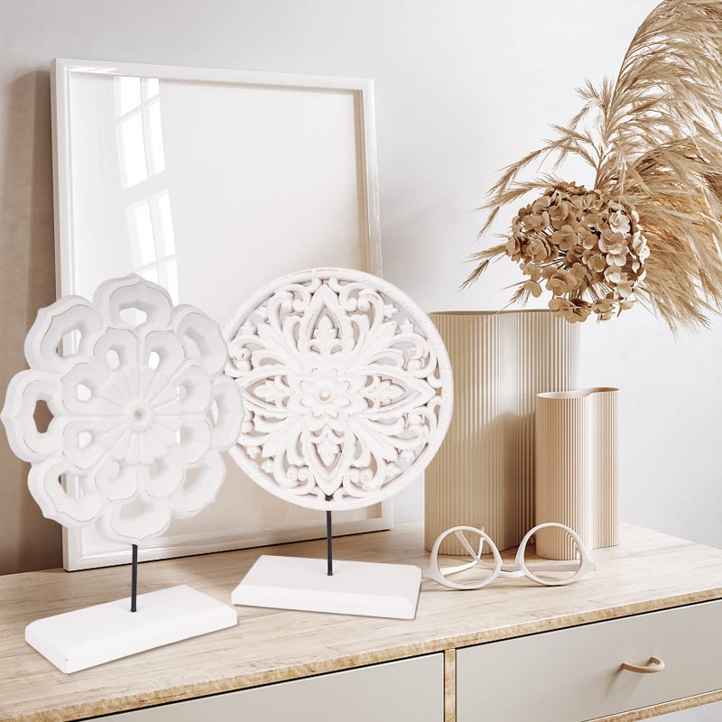 AXEARTE 2 Pack Wooden Carved Cutout Flower Medallion Sculpture  Rustic Distressed White MDF Statues Home Tabletop Decor  Decorative Ornaments for Living Room  Bedroom  Office Desktop  Cabinets - Image 4
