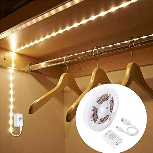 LUXJET 1M Rechargeable Motion Sensor Wardrobe Light, Flexible LED Strip with 30LED, PIR and Light Sensor, Warmwhite Night Light for Wall Closet Cabinet (1mr) - Image 1