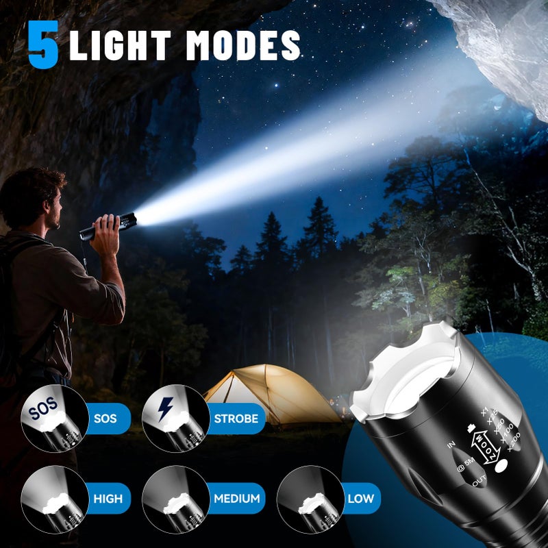 VIBELITE LED Flashlight High Lumens, 5 Modes Zoomable Waterproof Tactical Flashlight for Hiking, Camping Emergency, Cool Gadget Valentines Day Gifts for Him, Men, Teen Boys, Husband, Dad, 2 Pack - Image 3