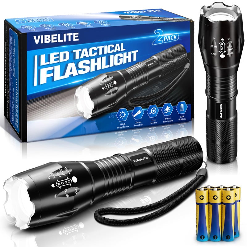 VIBELITE LED Flashlight High Lumens, 5 Modes Zoomable Waterproof Tactical Flashlight for Hiking, Camping Emergency, Cool Gadget Valentines Day Gifts for Him, Men, Teen Boys, Husband, Dad, 2 Pack - Image 1