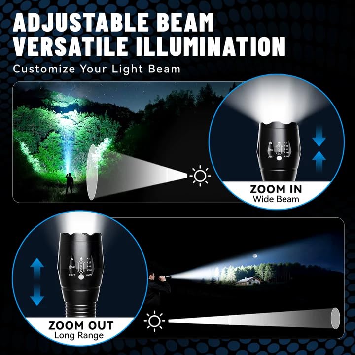 VIBELITE LED Flashlight High Lumens, 5 Modes Zoomable Waterproof Tactical Flashlight for Hiking, Camping Emergency, Cool Gadget Valentines Day Gifts for Him, Men, Teen Boys, Husband, Dad, 2 Pack - Image 2