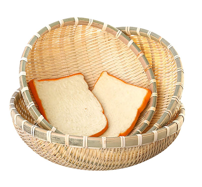 Cedilis 3 Pack Bamboo Basket Tray, Wicker Bread Basket, 100% Natural Handmade Woven Fruit Basket, U Shape Holder Flat Shallow Vegetables Serving Basket, Stackable, 10Inch, 11Inch, 12Inch - Image 1