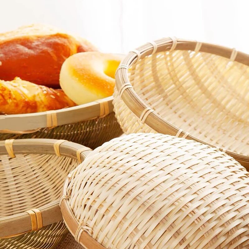 Cedilis 3 Pack Bamboo Basket Tray, Wicker Bread Basket, 100% Natural Handmade Woven Fruit Basket, U Shape Holder Flat Shallow Vegetables Serving Basket, Stackable, 10Inch, 11Inch, 12Inch - Image 4