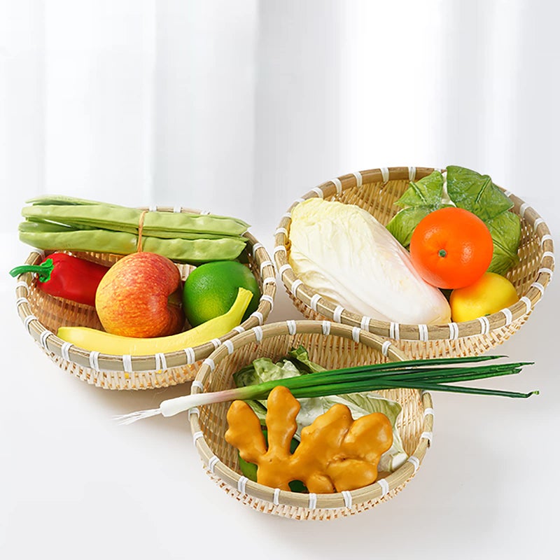 Cedilis 3 Pack Bamboo Basket Tray, Wicker Bread Basket, 100% Natural Handmade Woven Fruit Basket, U Shape Holder Flat Shallow Vegetables Serving Basket, Stackable, 10Inch, 11Inch, 12Inch - Image 3