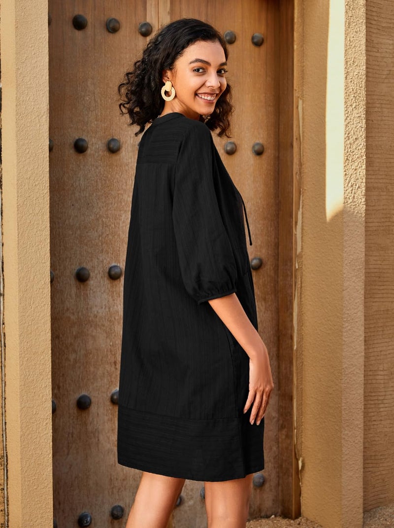 Lafural Womens V Neck Cotton Casual Loose Shift Tunic Smock Summer Dresses Vacation Dress 3/4 Sleeve Pocket Black 2XL - Image 5