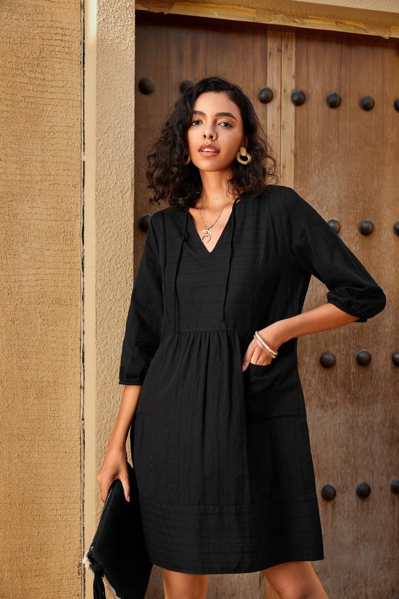 Lafural Womens V Neck Cotton Casual Loose Shift Tunic Smock Summer Dresses Vacation Dress 3/4 Sleeve Pocket Black 2XL - Image 2