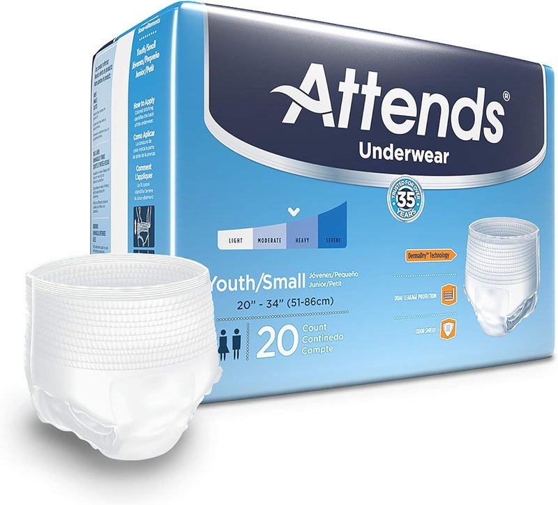 Attends Underwear for Adult Incontinence Care with Quick-Dry Channels, Ultimate Absorbency, Unisex, Small, 20 Count (x4)
