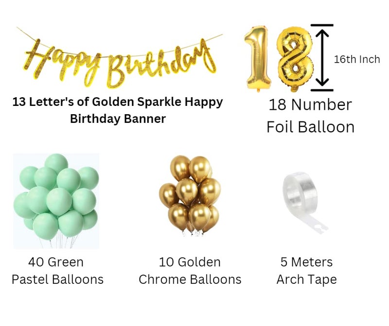 Flyloons 18th Green Gold Happy Birthday Decoration for Girls Kids Boys, Golden Glitter Happy Birthday Banner,Green Pastel Balloons,Golden Chrome Balloon,Arch Tape birthday decoration items for room - Image 2