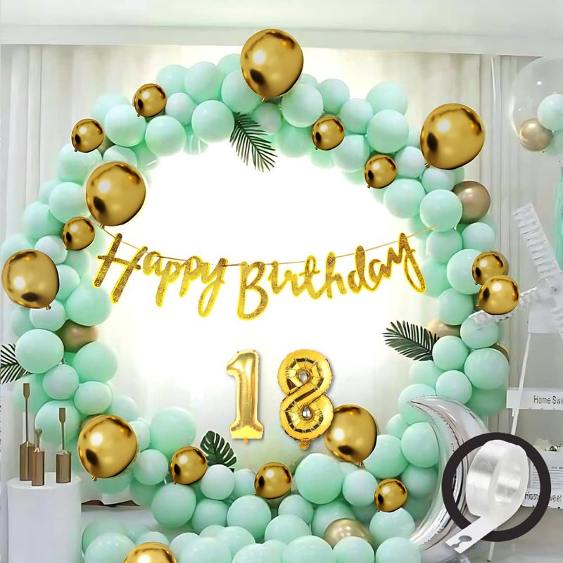 Flyloons 18th Green Gold Happy Birthday Decoration for Girls Kids Boys, Golden Glitter Happy Birthday Banner,Green Pastel Balloons,Golden Chrome Balloon,Arch Tape birthday decoration items for room - Image 5
