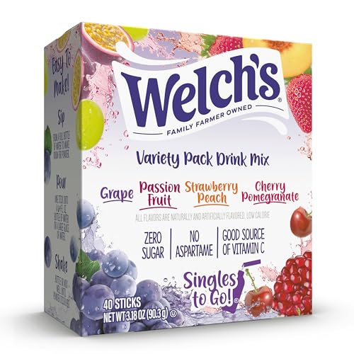 SINGLES TO GO! Welch's Singles To Go Variety Pack, Watertok Powdered Drink Mix, Includes 4 Flavors, Grape, Passion fruit, Strawberry Peach, Cherry Pomegranate, 1 Box (40 Servings) - Image 1