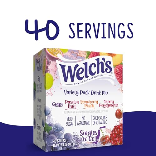 SINGLES TO GO! Welch's Singles To Go Variety Pack, Watertok Powdered Drink Mix, Includes 4 Flavors, Grape, Passion fruit, Strawberry Peach, Cherry Pomegranate, 1 Box (40 Servings) - Image 4