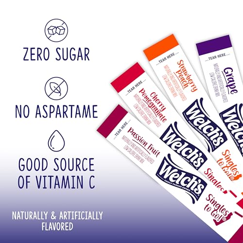 SINGLES TO GO! Welch's Singles To Go Variety Pack, Watertok Powdered Drink Mix, Includes 4 Flavors, Grape, Passion fruit, Strawberry Peach, Cherry Pomegranate, 1 Box (40 Servings) - Image 3