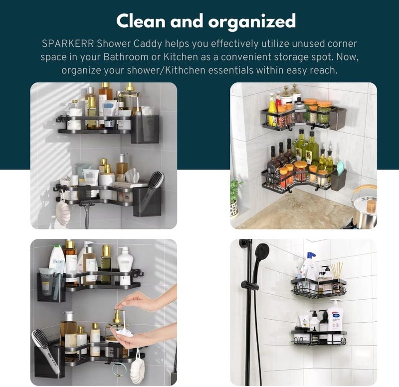 SPARKERR Self Adhesive Shower Caddy, Easy to Install Bathroom Kitchen Corner space Organizer, Wall mounted Heavy-Duty Anti-rust Stainless Steel Organizer for Bathroom and Kitchen, No Drilling Needed - Image 3