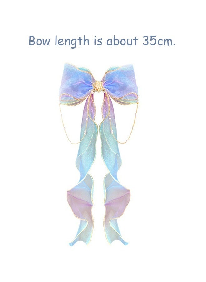 Long Tail Colorful Ribbon Bows Hair Clips, Princess Metal Alligator Clips Hair Accessories for Girls, Bow Hair Dress Up Accessories for Birthday Party Show(Blue) - Image 2