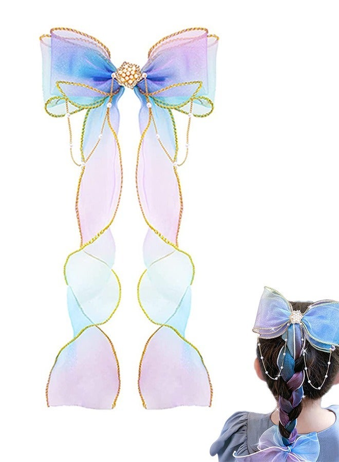 Long Tail Colorful Ribbon Bows Hair Clips, Princess Metal Alligator Clips Hair Accessories for Girls, Bow Hair Dress Up Accessories for Birthday Party Show(Blue) - Image 1