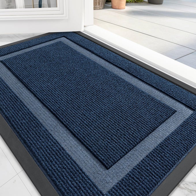 FRONT DOOR MAT INDOOR OUTDOOR ENTRANCE WATERPROOF ALLSEASON ALLWEATHER DOORMAT STURDY NATURAL RUBBER FADE RESISTANT LOW PROFILE EASY CLEAN PATIO PORCH ENTRYWAY MAT 36X24 BLUE