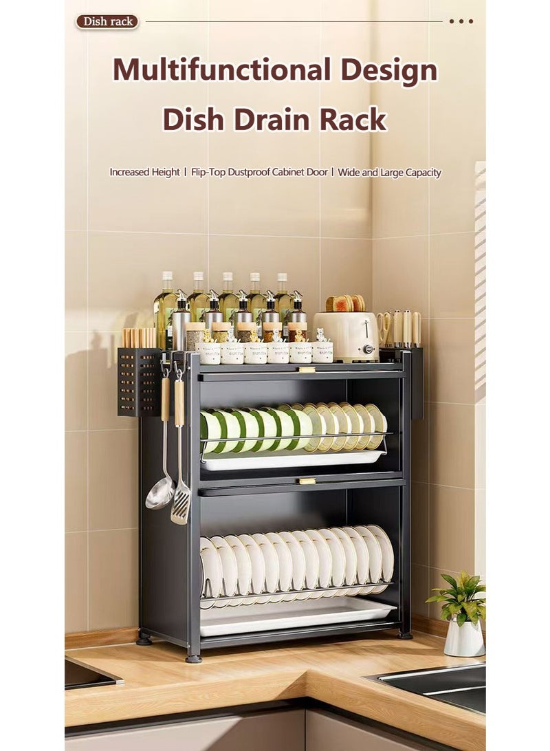 XiuWoo 3-Tier Kitchen Dish Rack, Metal Countertop Storage Cabinet, Microwave Stand, Bakers Rack, Dish Drying Rack, Storage Rack with Pull-out Cabinet, Clear Window, Hooks, and Chopsticks Organzier - Image 2