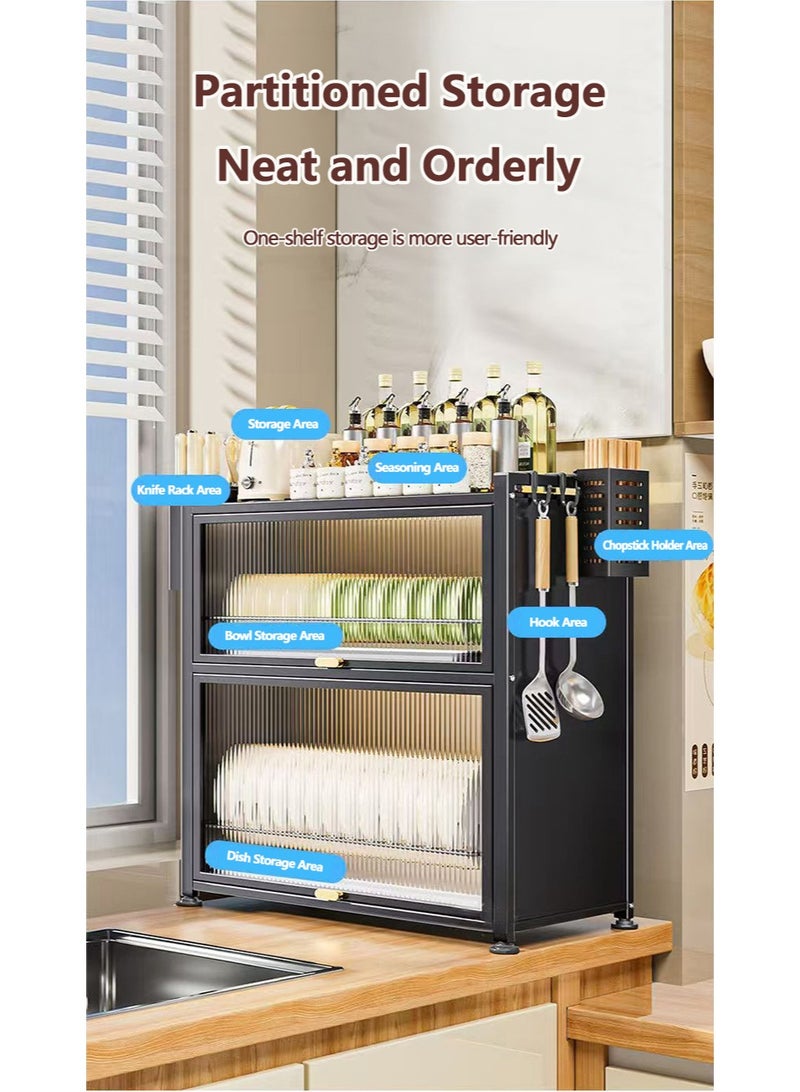 XiuWoo 3-Tier Kitchen Dish Rack, Metal Countertop Storage Cabinet, Microwave Stand, Bakers Rack, Dish Drying Rack, Storage Rack with Pull-out Cabinet, Clear Window, Hooks, and Chopsticks Organzier - Image 5