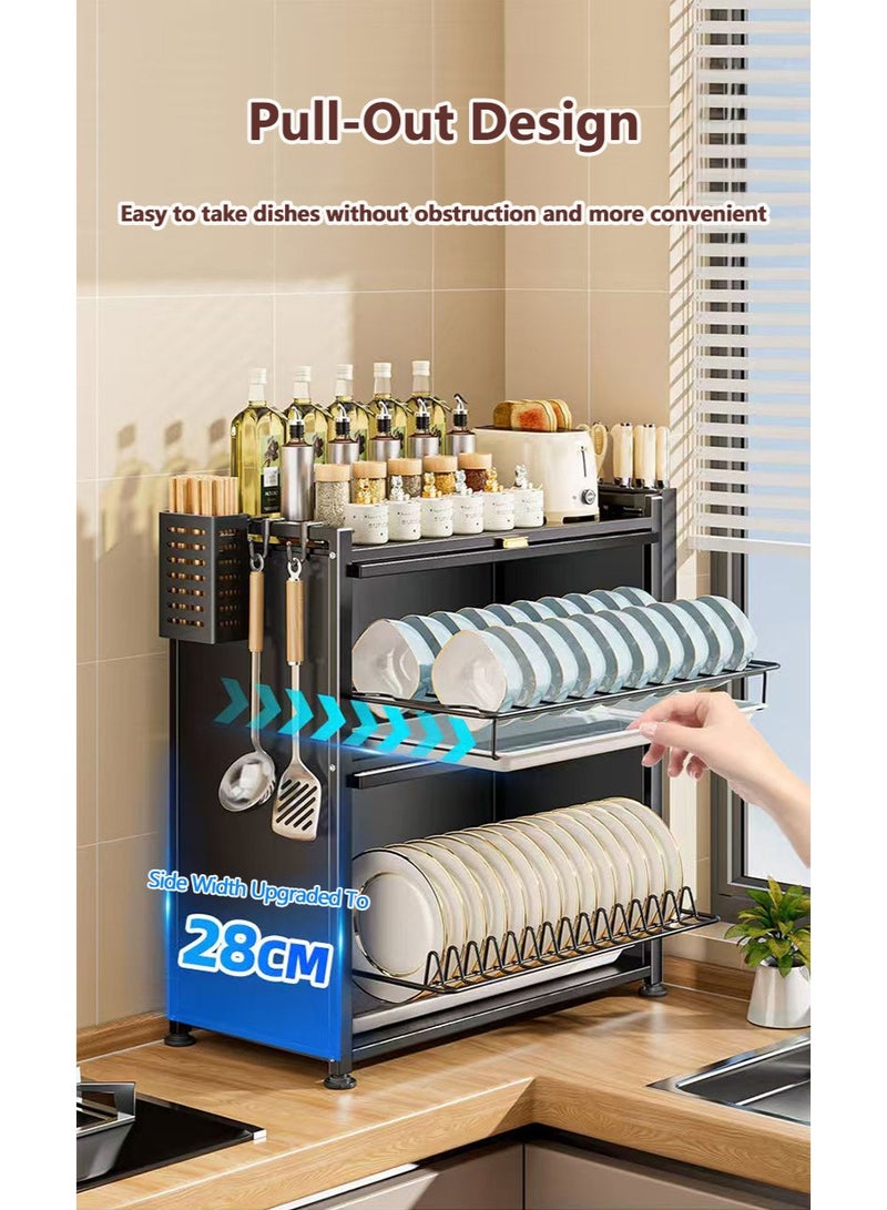 XiuWoo 3-Tier Kitchen Dish Rack, Metal Countertop Storage Cabinet, Microwave Stand, Bakers Rack, Dish Drying Rack, Storage Rack with Pull-out Cabinet, Clear Window, Hooks, and Chopsticks Organzier - Image 4