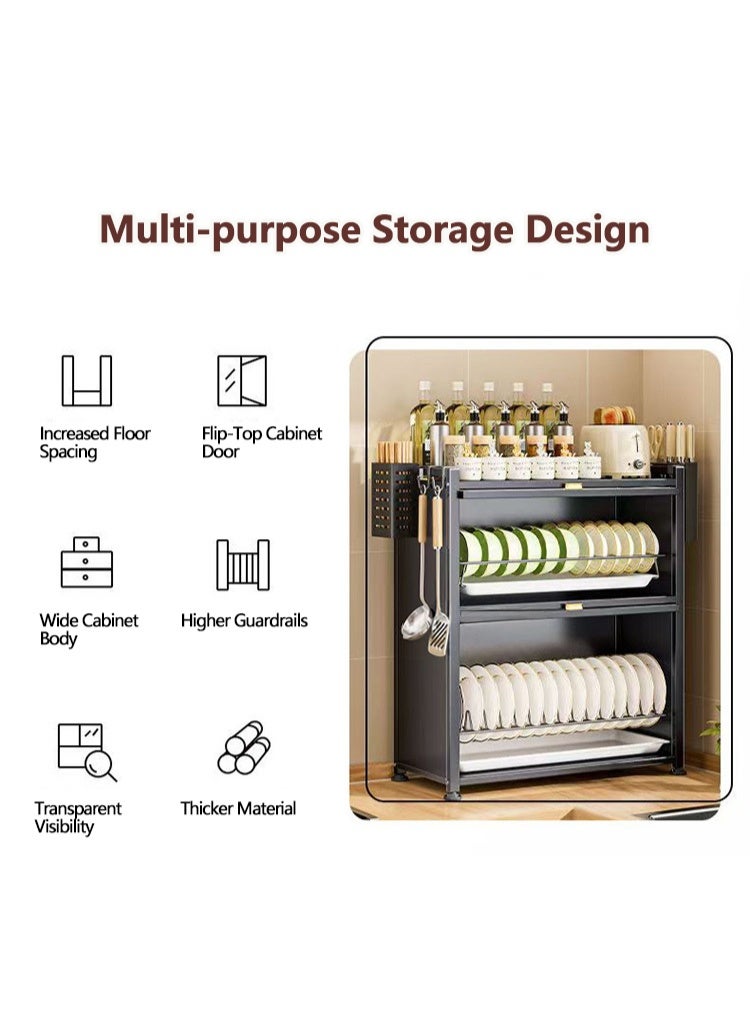 XiuWoo 3-Tier Kitchen Dish Rack, Metal Countertop Storage Cabinet, Microwave Stand, Bakers Rack, Dish Drying Rack, Storage Rack with Pull-out Cabinet, Clear Window, Hooks, and Chopsticks Organzier - Image 3