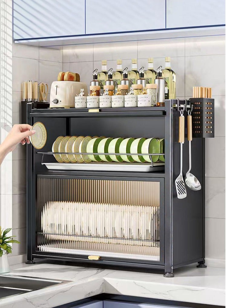 XiuWoo 3-Tier Kitchen Dish Rack, Metal Countertop Storage Cabinet, Microwave Stand, Bakers Rack, Dish Drying Rack, Storage Rack with Pull-out Cabinet, Clear Window, Hooks, and Chopsticks Organzier - Image 1