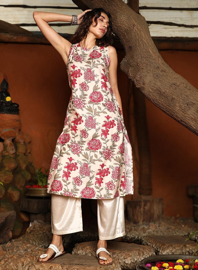 QISSA Women's Crimson Red Botanical Vine Kurta Set - Image 3