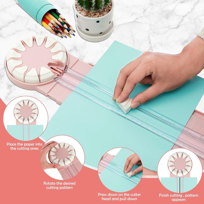 windforgecraft 12-in-1 Rotary Paper Trimmer Multifunction Paper Trimmer Rolling Paper Cutter Manual Crafts Paper Trimmers Ruler DIY Straight Line Hand Paper Cutter Tool for Scrapbooking Tools (Pink) - Image 4