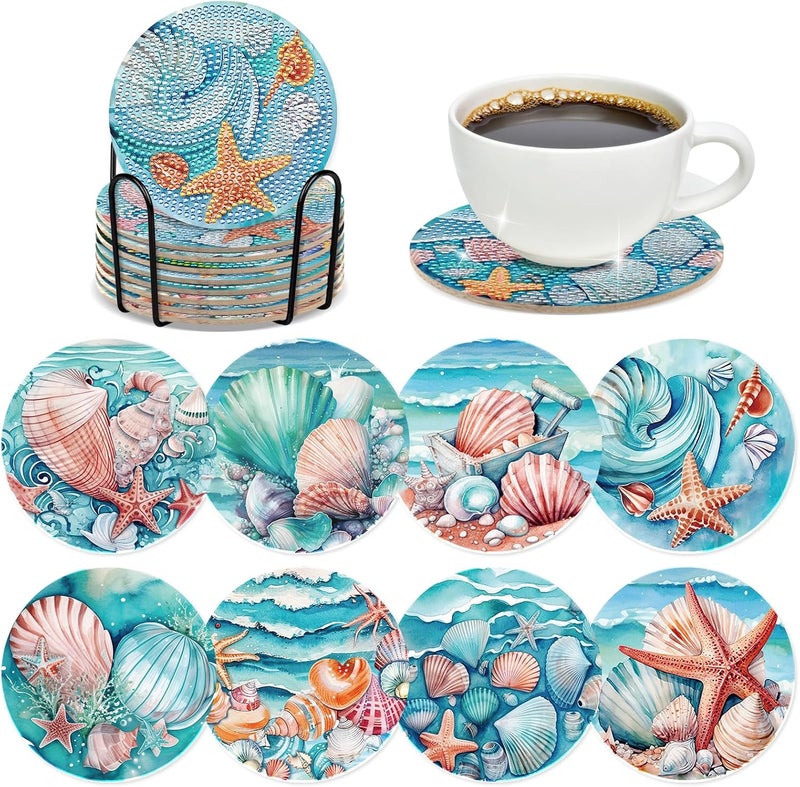 INCOK Ocean Diamond Painting Coasters - 8 PCS DIY Diamond Art Coasters Kits with Shell Starfish Conch Pattern Art Craft Supplies Home Table Decor Birthday Gift for Beginners Adults - Image 1