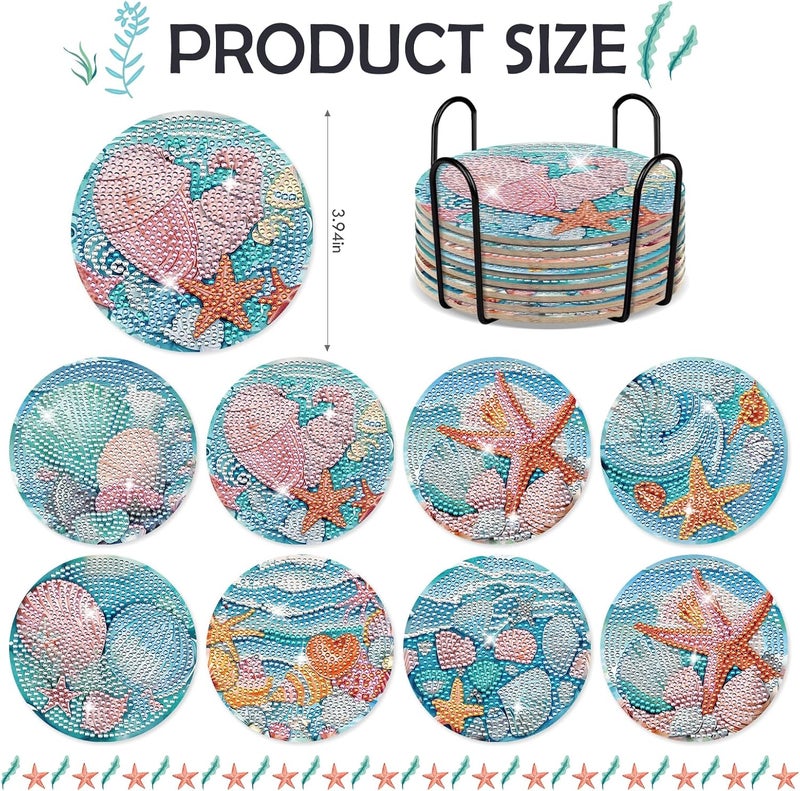 INCOK Ocean Diamond Painting Coasters - 8 PCS DIY Diamond Art Coasters Kits with Shell Starfish Conch Pattern Art Craft Supplies Home Table Decor Birthday Gift for Beginners Adults - Image 2