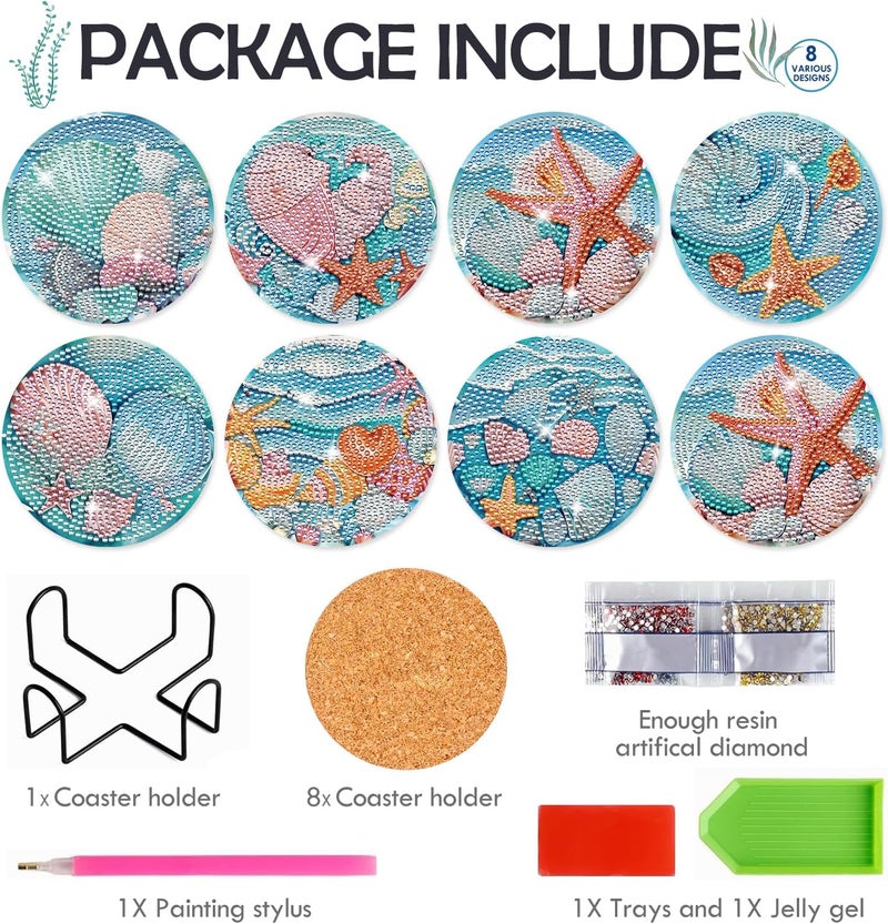 INCOK Ocean Diamond Painting Coasters - 8 PCS DIY Diamond Art Coasters Kits with Shell Starfish Conch Pattern Art Craft Supplies Home Table Decor Birthday Gift for Beginners Adults - Image 4
