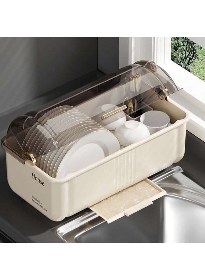 ايست من نون Plastic Covered Dish Drying Storage Rack Kitchen Tableware Dish Drainer with Transparent Lid Cover, 23 x 34 x 27 cm, White - Image 3