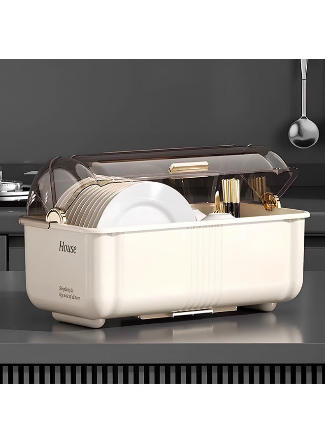 ايست من نون Plastic Covered Dish Drying Storage Rack Kitchen Tableware Dish Drainer with Transparent Lid Cover, 23 x 34 x 27 cm, White - Image 5