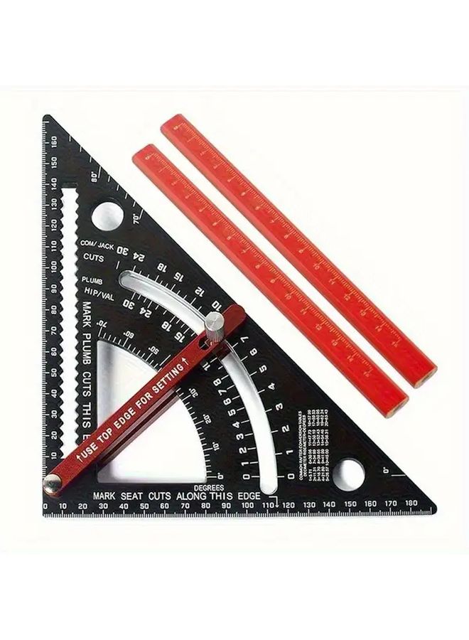 7 Inch Aluminum Alloy Triangle Ruler 80 Degree Angle Measuring Tool Metric System With 2 Pencils - Image 2