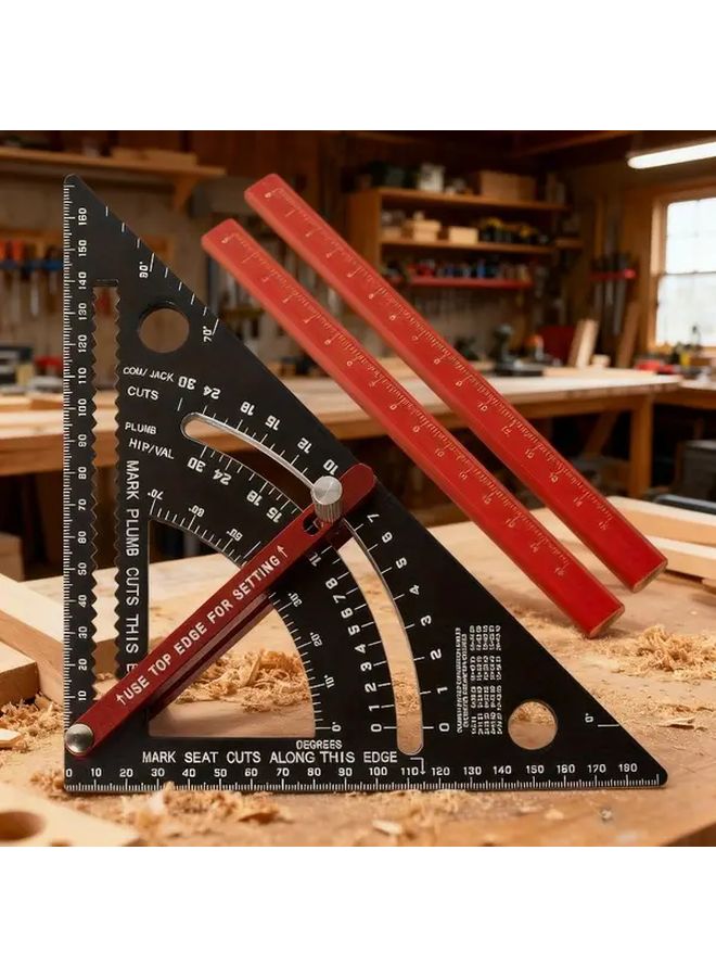 7 Inch Aluminum Alloy Triangle Ruler 80 Degree Angle Measuring Tool Metric System With 2 Pencils - Image 3