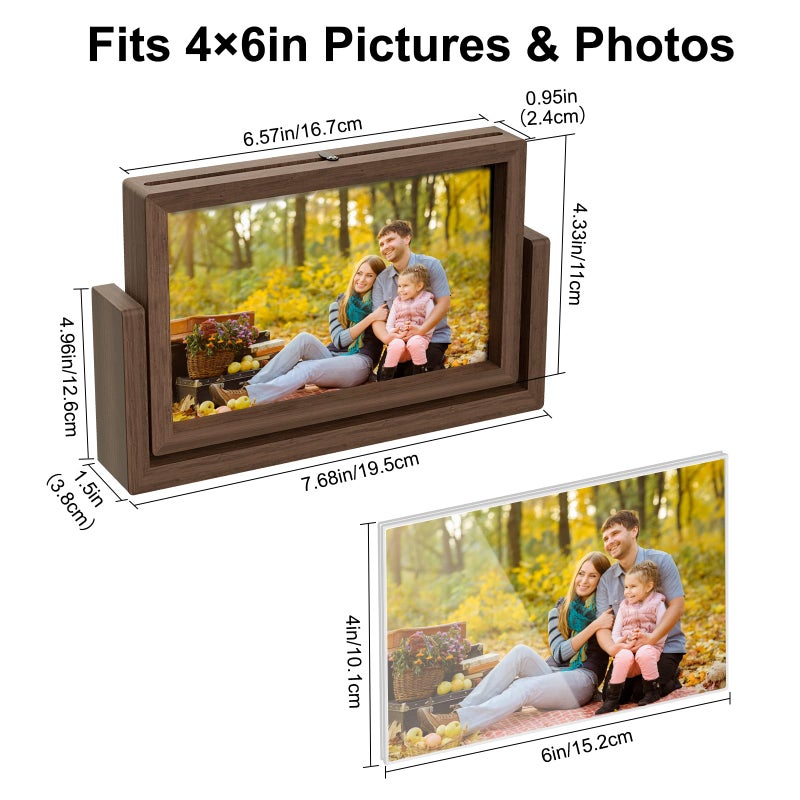 Mixoo 4x6 Picture Frame Rotating Photo Frame  Wooden Picture Frame 4 by 6 Horizontal Double-sided Frame Rustic Floating Frame for Tabletop - Image 4