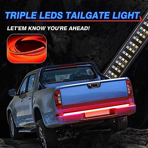 MICTUNING 60 Inches Triple 504 LEDs Tailgate Strip Light Waterproof with 4-Way Flat Connector - 5 Functions Sequential Amber Turn Signal, Red Brake Running, White Reverse Lights - Image 2