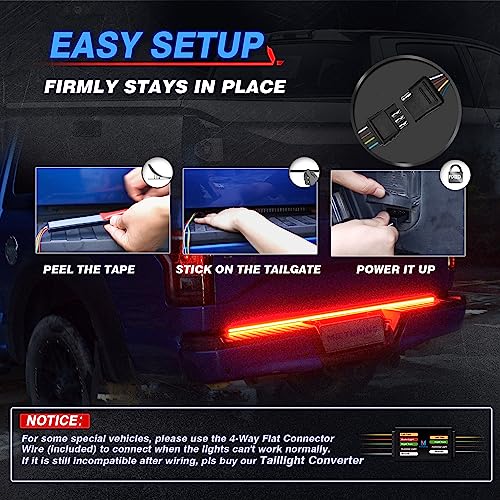 MICTUNING 60 Inches Triple 504 LEDs Tailgate Strip Light Waterproof with 4-Way Flat Connector - 5 Functions Sequential Amber Turn Signal, Red Brake Running, White Reverse Lights - Image 5