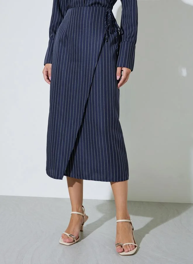 Styli Navy Blue Navy Blue Pinstripe Wrap Midi Skirt for Women | Best Price UAE