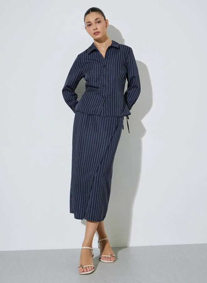 Styli Navy Blue Navy Blue Pinstripe Wrap Midi Skirt for Women | Best Price UAE