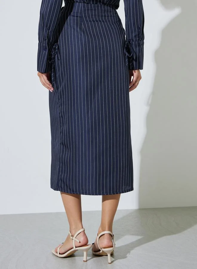 Styli Navy Blue Navy Blue Pinstripe Wrap Midi Skirt for Women | Best Price UAE