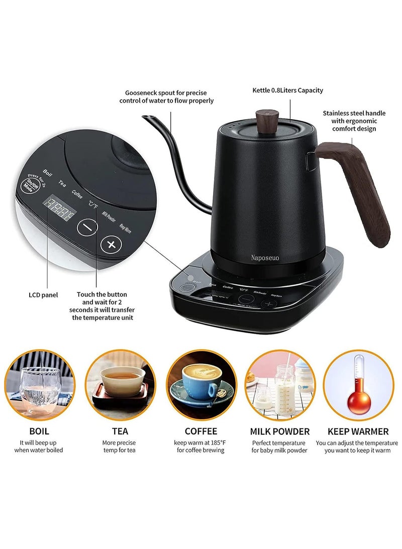 غلاية كهربائية مع التحكم في درجة الحرارة، 3 غلاية كهربائية لإعداد القهوة والشاي مسبقًا، غلاية تسخين سريعة، خزان داخلي من الفولاذ المقاوم للصدأ، إيقاف تشغيل تلقائي مضاد للجفاف، 0.8 لتر (أسود) - Image 5