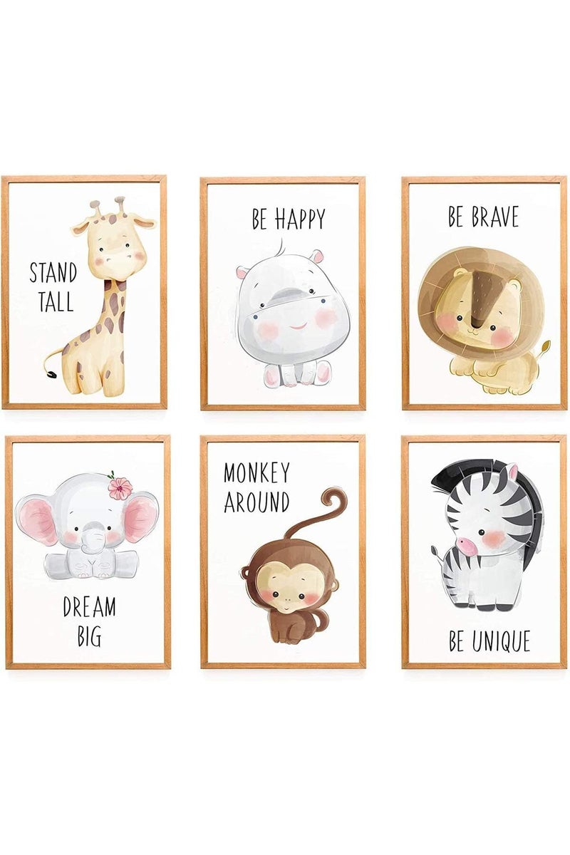 BPA® 6 Pack Baby Jungle Nursery Wall Decor Art Pictures, Unframed Cartoon Safari Animal Wall Murals/Poster with Inspirational Quotes for Baby & Kids Living Room Bedroom Bathroom - Image 1
