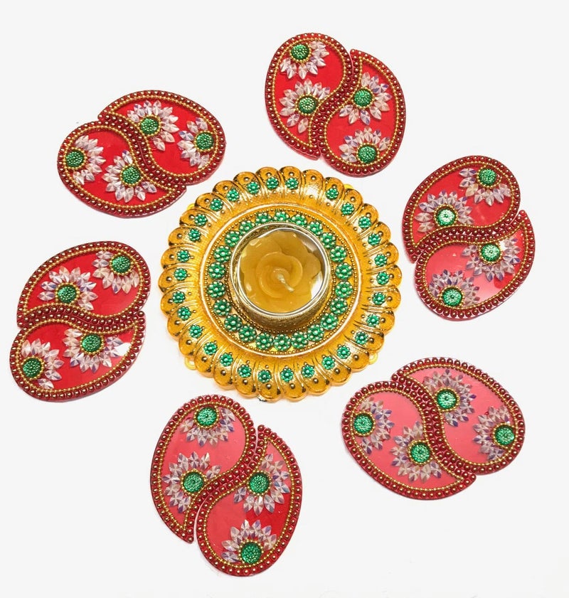 Moira® Rangoli with Diya 10 inch Dia Small Size (Yellow & Red) Reusable - Image 4