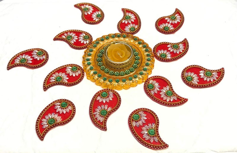 Moira® Rangoli with Diya 10 inch Dia Small Size (Yellow & Red) Reusable - Image 3