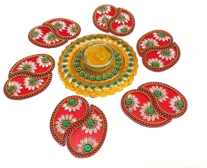 Moira® Rangoli with Diya 10 inch Dia Small Size (Yellow & Red) Reusable - Image 1